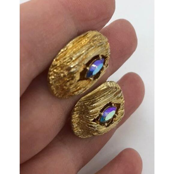 Swank Cuff Links Vintage Mid Century Gold Nuggets Blue Smoke AB Rhinestones - Picture 5 of 7